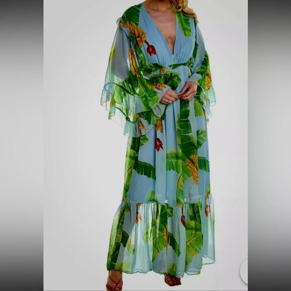 FARM Rio Fresh Bananas Maxi Dress with Green Tropical Leaf Print - Picture 1 of 9